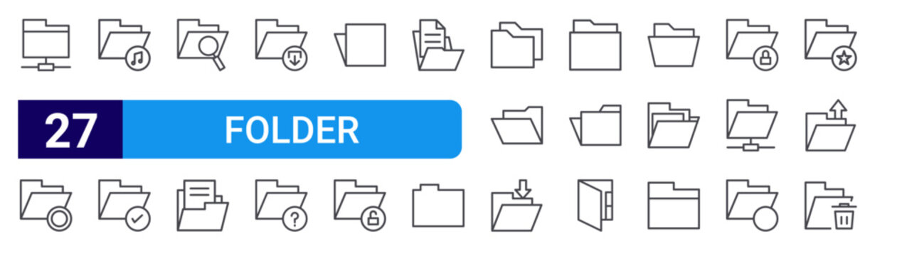 set of 27 thin line folder icons such as computer folder, folder, music file, file access, search file, editable stroke vector illustration isolated on white