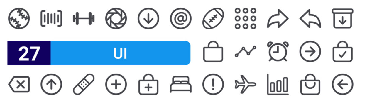 set of 27 thin line ui icons such as baseball, backspace, barcode, up arrow, barbell, bandage, aperture, add, down arrow. editable stroke vector illustration isolated on white