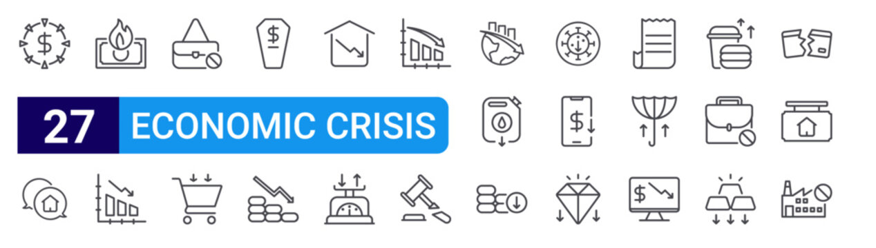 set of 27 thin line economic crisis icons such as crisis, real estate, economic crisis, stock market, no bag, shopping cart, coffin, coins, real estate. editable stroke vector illustration isolated