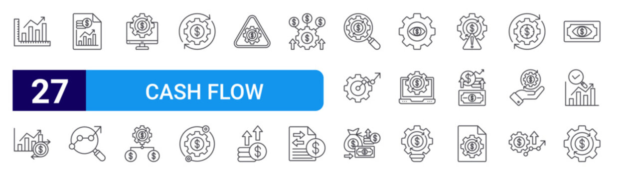 set of 27 thin line cash flow management icons such as measures, analysis, reporting, forecasting, monitoring, planning, cash flow, cash flow, risk management. editable stroke vector illustration
