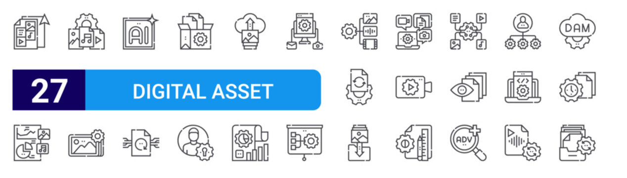 set of 27 thin line digital asset management icons such as share, analytics, digital as management, picture, artificial intelligence, back up, storage, as, upload. editable stroke vector