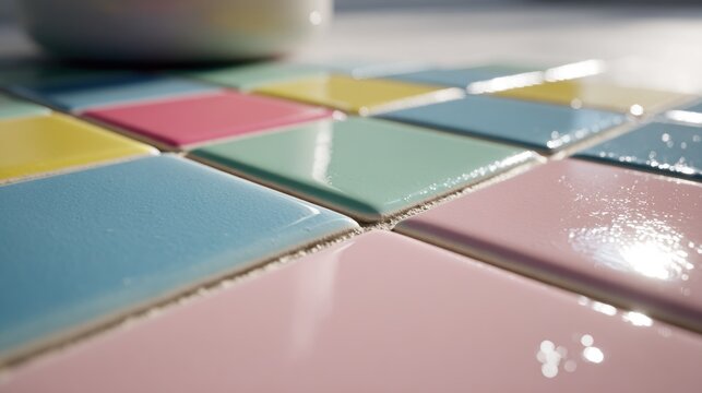 Close up of colorful ceramic tiles creating a vibrant geometric pattern