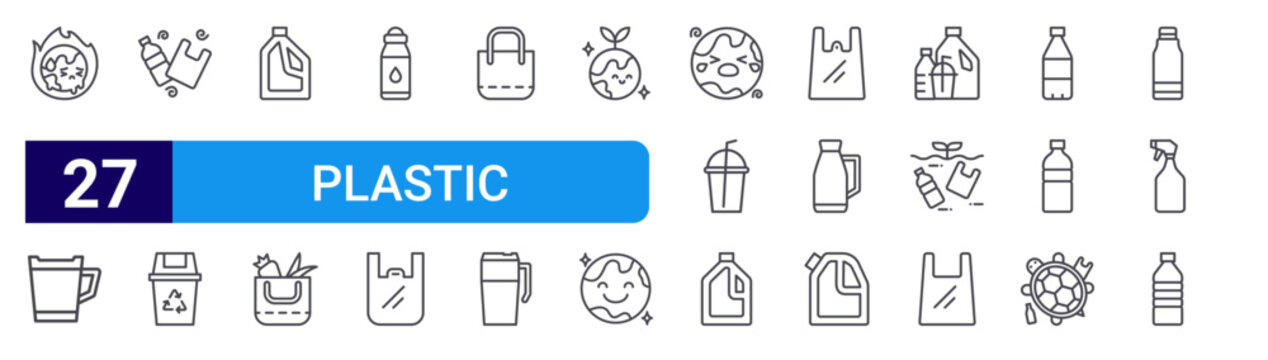 set of 27 thin line plastic pollution icons such as warming, tumbler, rubbish, recycling bin, detergent, eco bag, tumbler, plastic bag, eco bag. editable stroke vector illustration isolated on white