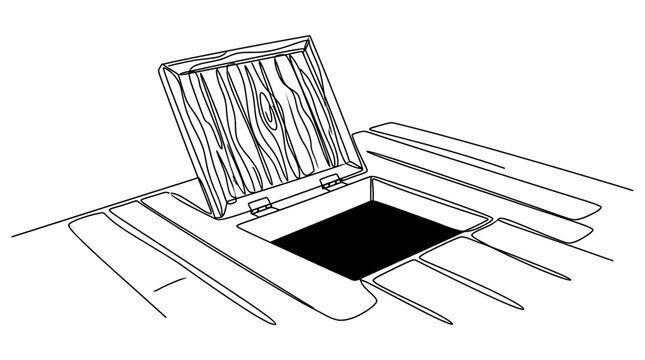 Diagram showing an open wooden trapdoor set into a wooden floor or deck