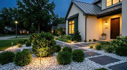 Obraz premium Modern home exterior with illuminated landscaping and stone pathway at dusk