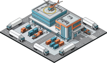 Fototapeta premium Isometric Warehouse Logistics Center Illustration with Cargo Trucks, Containers, and Helicopter for Global Distribution and Supply Chain Management