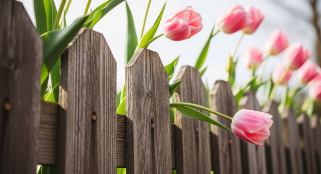 Pink Tulips Blooming Over a Weathered Wooden Fence.