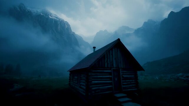 Lonely Wooden Cabin On Misty Mountain Peak With Solitary Figure On Roof At Dusk