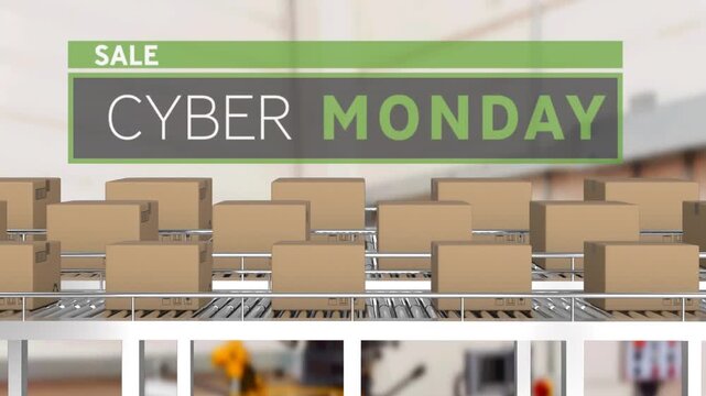 Animation of cyber monday text over cardboard boxes on conveyor belts in warehouse