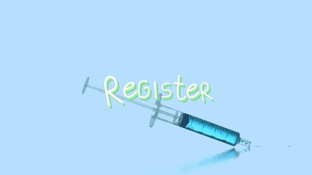Animation of register over syringe with reagent falling on blue background