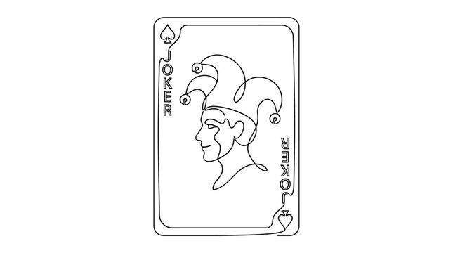 Joker playing card outline drawing, illustration of a joker card with a jester hat, simple line art of a playing card