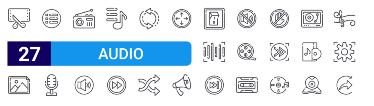 set of 27 thin line audio icons such as video editing, image, options, microphone, caste, speaker, playlist, pause, random. editable stroke vector illustration isolated on white