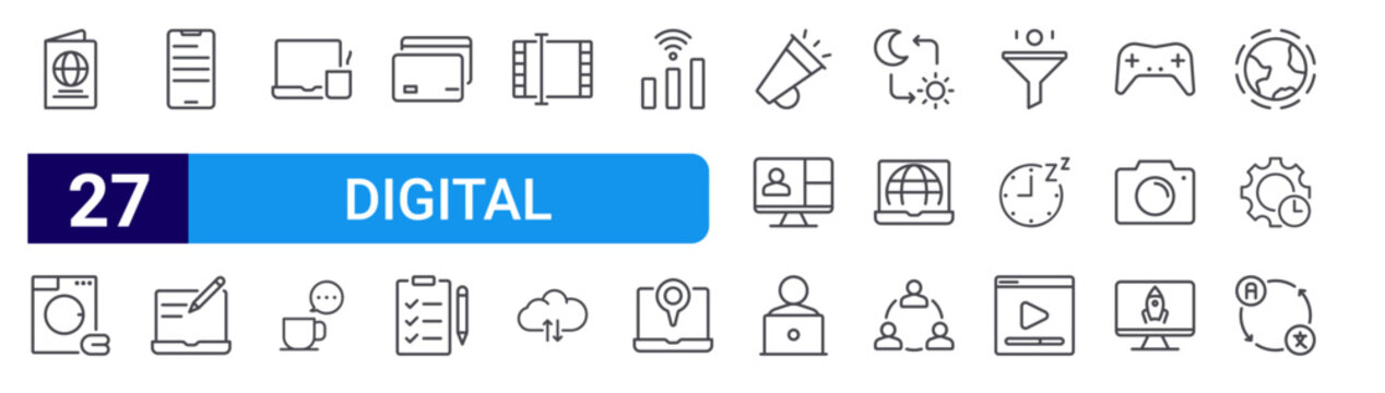set of 27 thin line digital icons such as passport, laundry, mobile application, content writing, coffee, coffee, credit card, to do list, video editor. editable stroke vector illustration isolated
