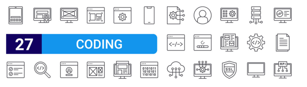 set of 27 thin line coding icons such as tablet, checklist, responsive de, search, mockup de, log in, layout, web de, web maintenance. editable stroke vector illustration isolated on white