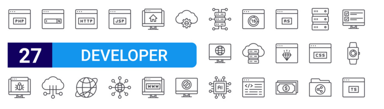 set of 27 thin line developer icons such as php, bug, searching, computing, http, internet, jsp, networking, homepage. editable stroke vector illustration isolated on white