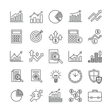 Collection of financial and business line icons depicting charts, graphs, calculators, money, targets, and growth concepts.