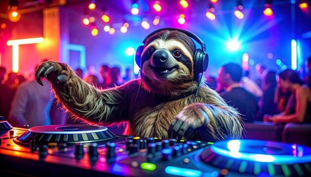 A sloth, wearing headphones, DJs at a club with colorful lights and a crowd, arms raised