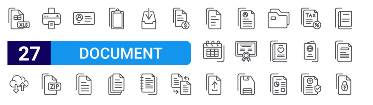 set of 27 thin line document icons such as excel, cloud computing, printer, zip, id card, file, clipboard, copy, inbox. editable stroke vector illustration isolated on white