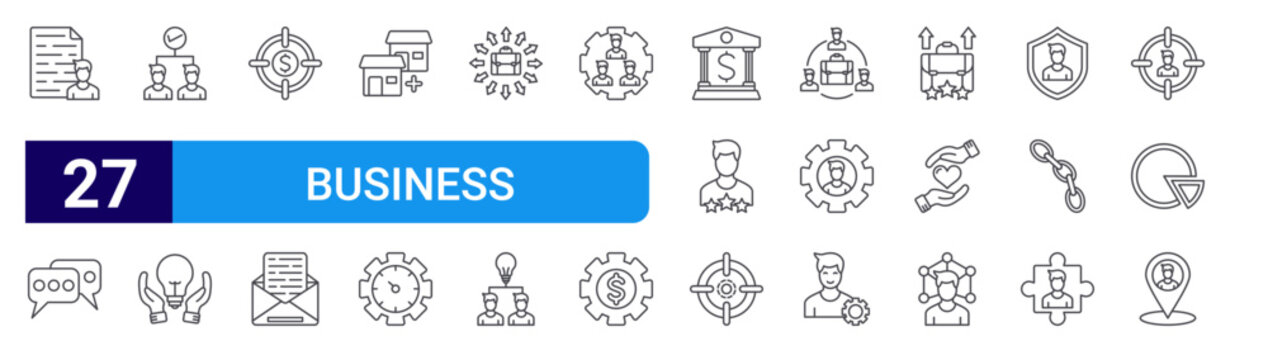 set of 27 thin line business cooperation icons such as contract, talking, cooperation, innovation, target, contract, franchise, time management, opportunity. editable stroke vector illustration