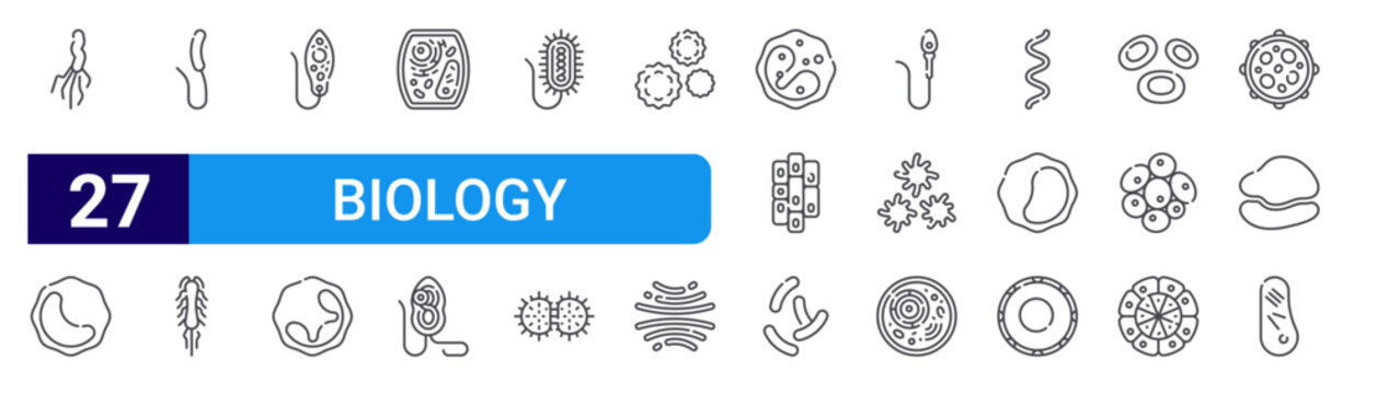 set of 27 thin line biology icons such as helicobacter pylori, monocyte, cholerae vibrio, salmonella typhi, euglena, neutrophil, plant cell, bodo salatans, bacterium. editable stroke vector