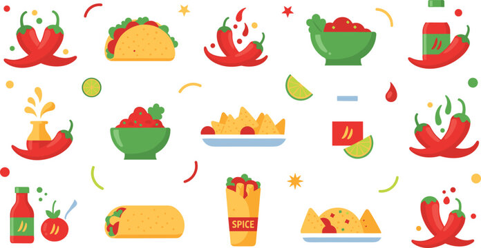 Mexican spicy food icons set with tacos nachos salsa chili peppers lime and traditional cuisine illustration collection