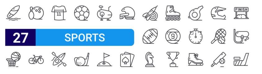 set of 27 thin line sports icons such as surfing board, basket ball, bowling, bicycle, jersey, canoe, football, golf, stationary bike. editable stroke vector illustration isolated on white © Icon World