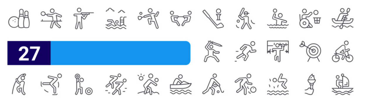 set of 27 thin line s icons such as bowling, jumping, table tennis, figure skating, shooting, weightlifting, swimming pool, short track, squash. editable stroke vector illustration isolated on white