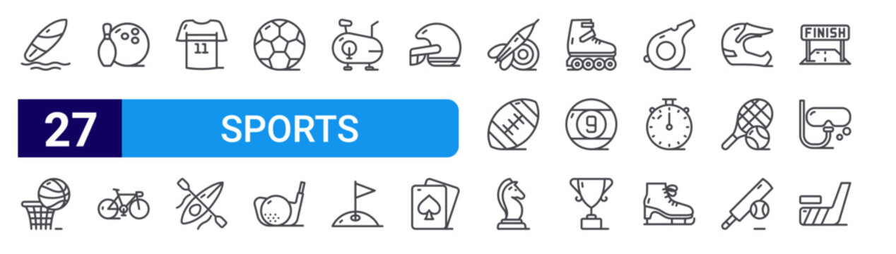 set of 27 thin line sports icons such as surfing board, basket ball, bowling, bicycle, jersey, canoe, football, golf, stationary bike. editable stroke vector illustration isolated on white