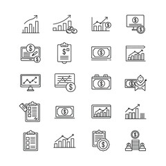Fototapeta premium Set of outline icons representing finance, investment, economic growth, business analytics, and money management concepts.