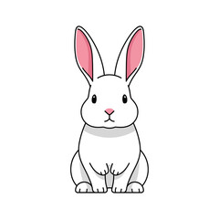 Fototapeta premium Cartoon white rabbit with pink ears sitting upright isolated on white