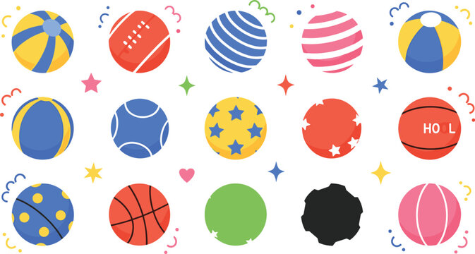 Colorful sports balls collection with beach ball basketball football volleyball playful patterns and kids activity illustration set