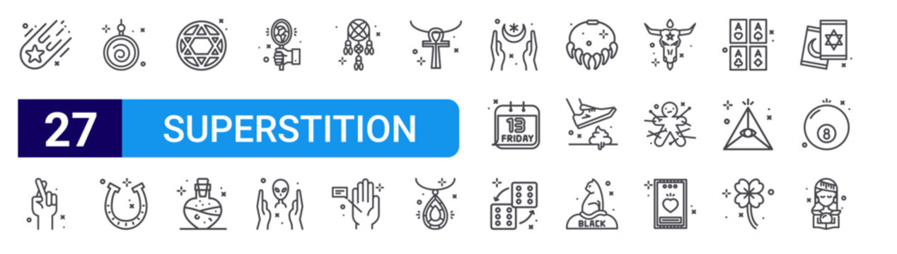 set of 27 thin line superstition icons such as star, cross fingers, hypis, horseshoe, star, potion, mirror, alien, dreamcatcher. editable stroke vector illustration isolated on white