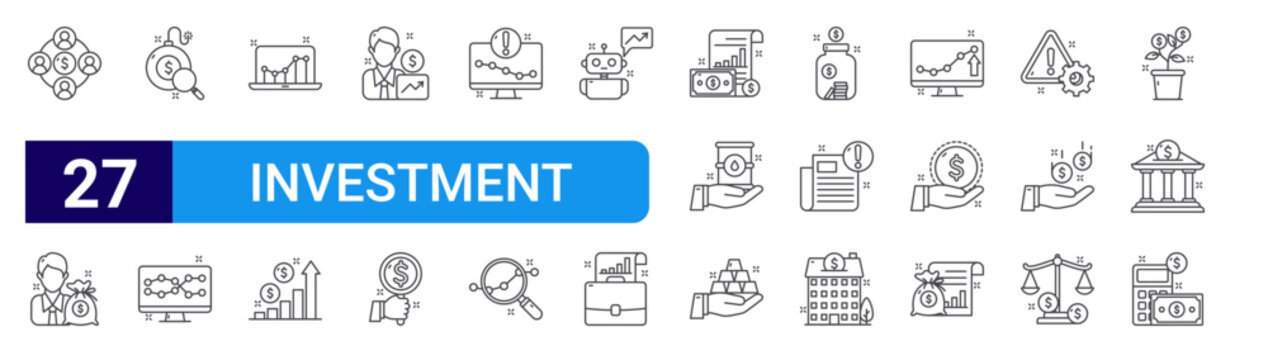 set of 27 thin line investment icons such as mutual fund, businessman, bomb, statistic, data visualization, graph bar, investor, bidding, computer. editable stroke vector illustration isolated on