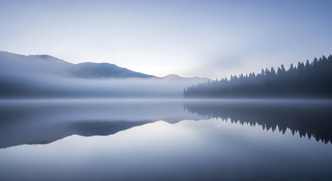 A serene misty lake perfectly reflects the silhouettes of fog-shrouded mountains and a dense coniferous forest under a soft, ethereal blue sky, creating a tranquil morning scene.