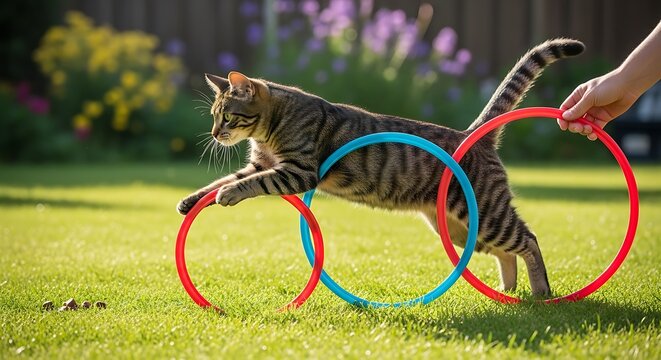 Cat gracefully jumps through hoops in a sunny outdoor setting.