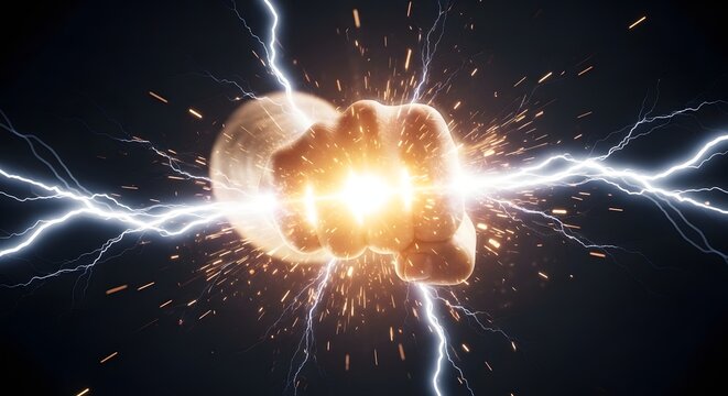 Glowing fist surrounded by electric lightning and sparks. Pure power and energy concept. Human hand glowing with intense electricity and thunder representing superhuman strength