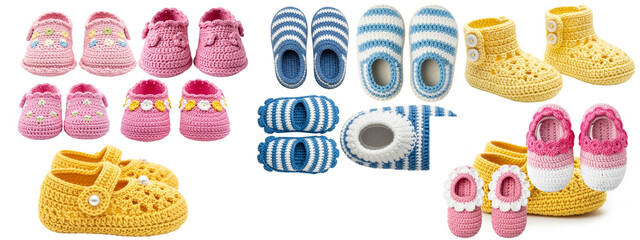 A collage of various crocheted and knitted baby shoes and slippers in pink, yellow, blue, and white. Styles include sandals, boots, and slip-ons, showcasing diverse designs.