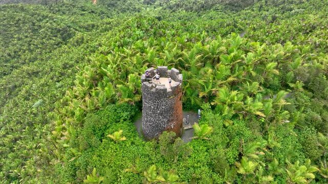 Aerial footage of people on the Britton Tower, El Yunque, PR
