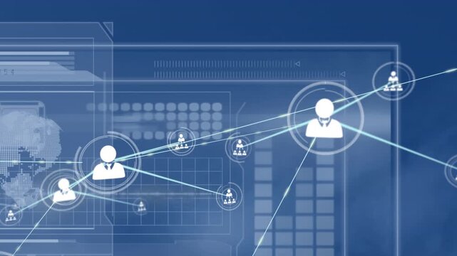 Animation of profile icon network connecting with lines against graphics with world map on globe