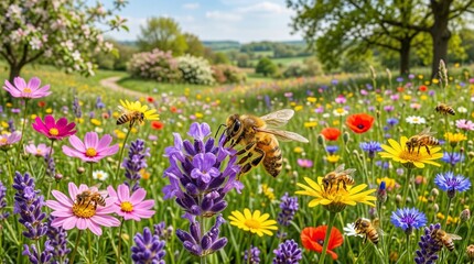 Obraz premium Honey bees collecting pollen from colorful wildflowers in a sunny meadow