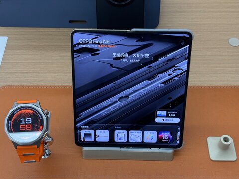 Shanghai,China-March 31st 2026: close-up of a foldable OPPO Find N6 smartphone and smartwatch in store