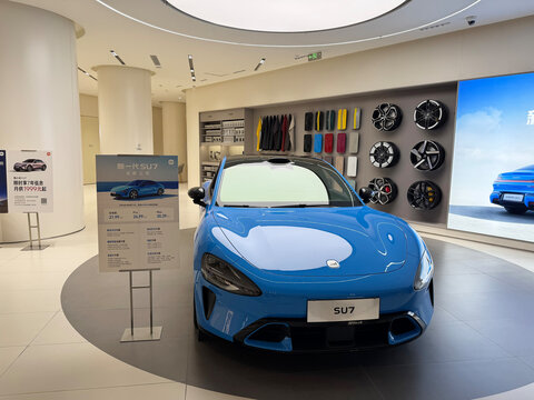 Shanghai,China-March 31st 2026: Xiaomi SU7 EV in retail store