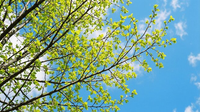 Fresh green tree branches looking up against a bright blue sky