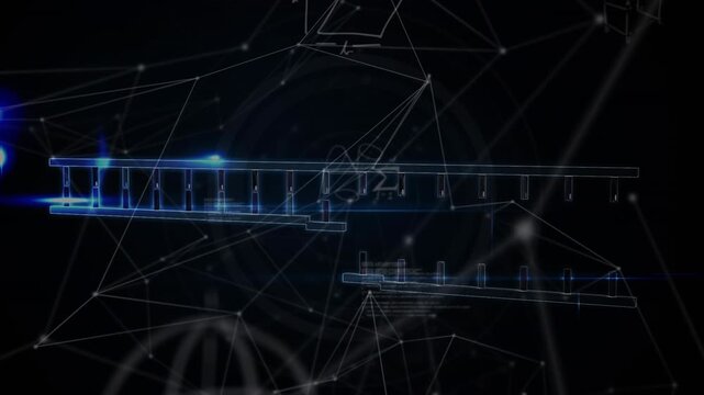 Animation of dna structure, network of connections and data processing against black background