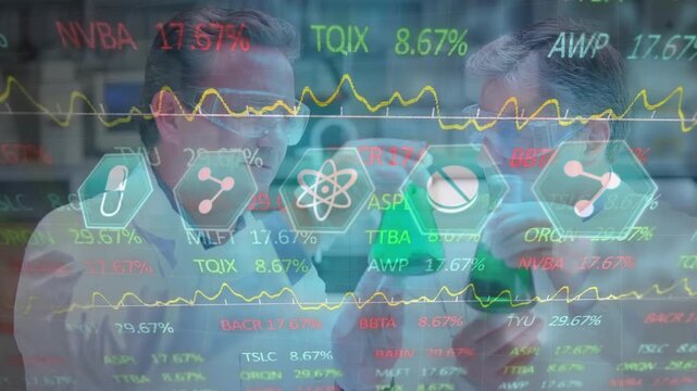Animation of financial data and chemical icons over caucasian male senior lab workers with samples