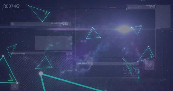 Animation of triangles over data processing on black background