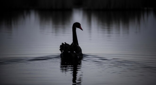 Mysterious black swan gliding gracefully on a tranquil lake at dusk.