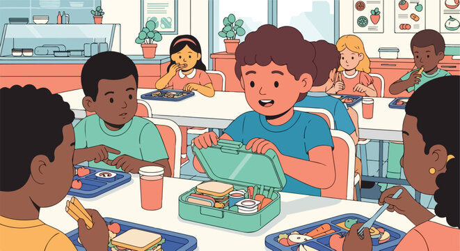 A group of diverse children eating lunch in a bright and cheerful school cafeteria