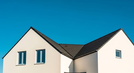 Obraz premium Modern White House with Dark Roof Against a Clear Blue Sky.