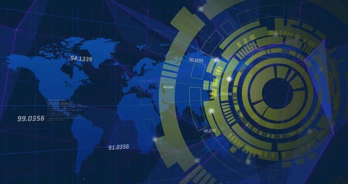 Animation of round scanner and plexus networks over world map against blue background